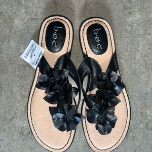 Marshalls Black and Cream Thong Sandals with Floral Embellishments